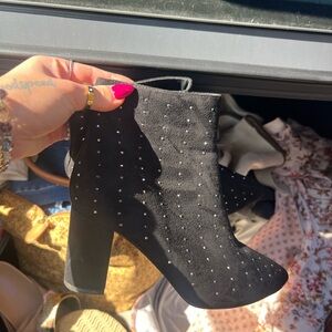 Elegant Black Suede Ankle Booties with diamonds.